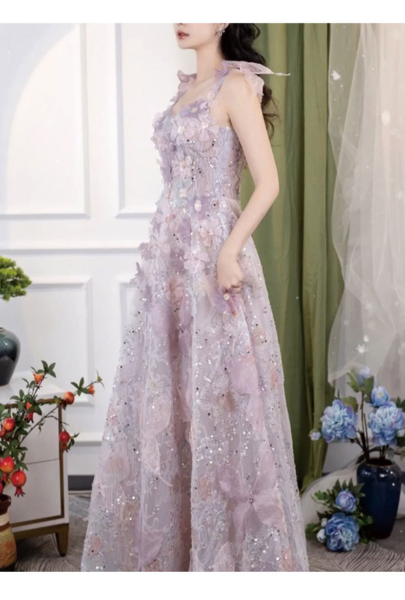 Women's Purple Lace Floral Banquet Dress High-End Slip Dress Light Luxury Niche Style New Fashion For Wedding Party Wear_ecoleips.com
