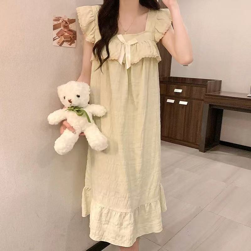 Pijama con cojín de pecho 2026 primavera y verano nuevo vestido largo de encaje coreano lindo ropa de casa pijamas de niña