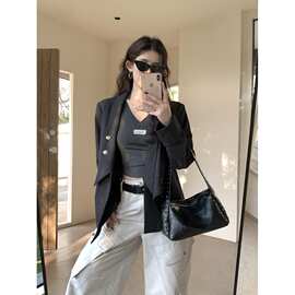不规则翻领长袖西装外套女2026春季新款设计感小众宽松盐系上衣潮
