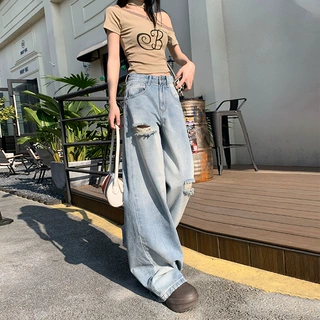 2025新款直筒裤时尚破洞阔腿裤女设计感百搭宽松显瘦牛仔长裤女