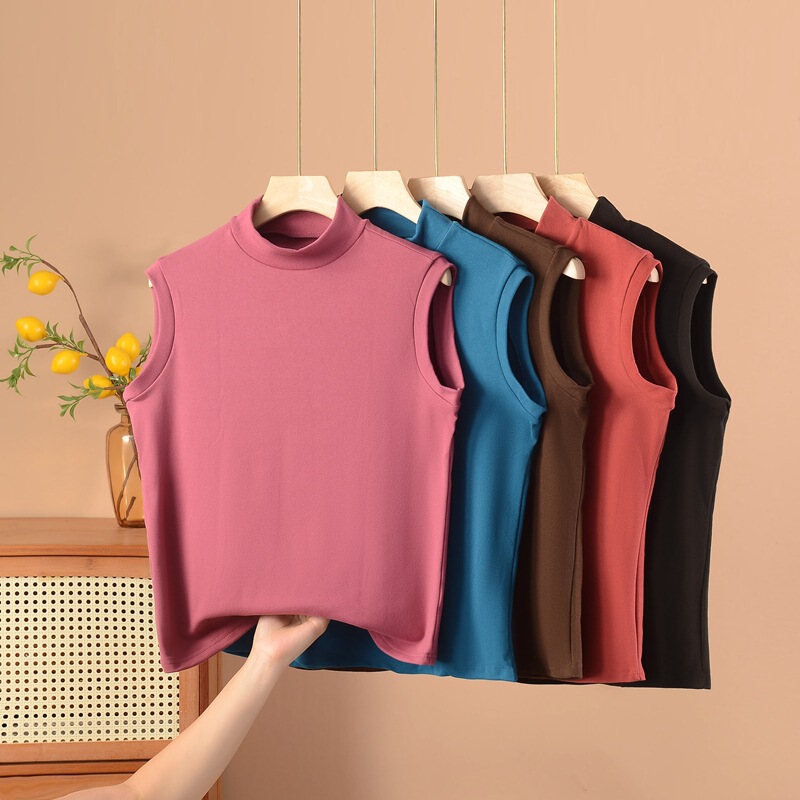 Threaded semi-high collar sleeveless vest women's chubby girl inner wear autumn plus size top base shirt 2024 autumn new
