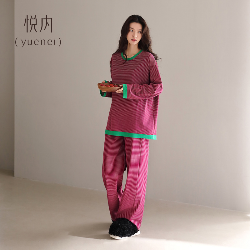 悦内睡衣女春秋款秋季纯棉长袖长裤家居服宽松大码条纹显白莓红色|undefined