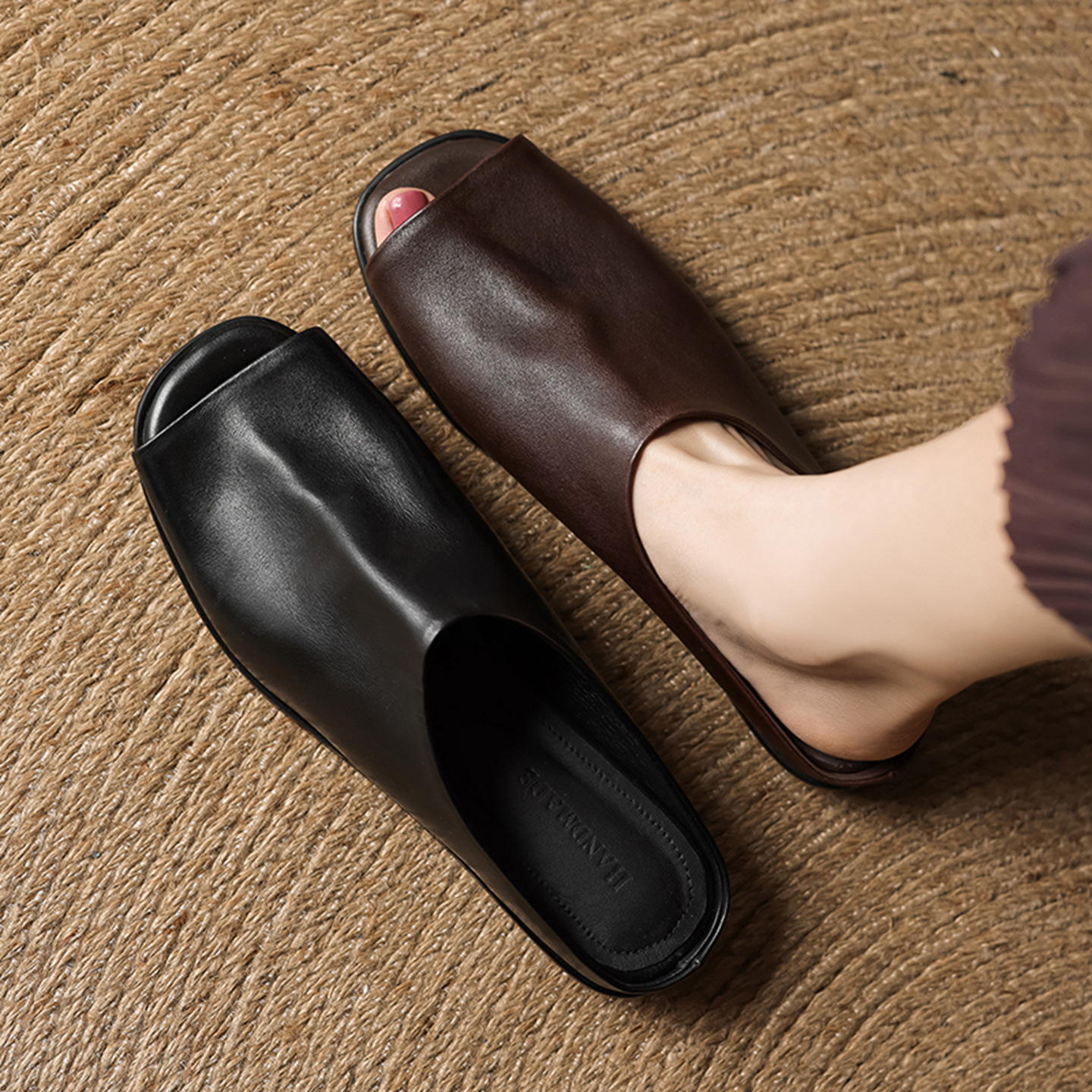 Dép xỏ ngón nữ da bò thật gót dày đi ngoài trời — màu nâu