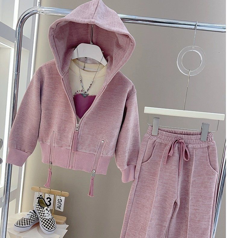 Girls Internet Celebrous Casual Sports Super Cool Two-piece Set for Big Children Autumn New Solid Color Zipper Shirt Sweatshirt suit Trendy