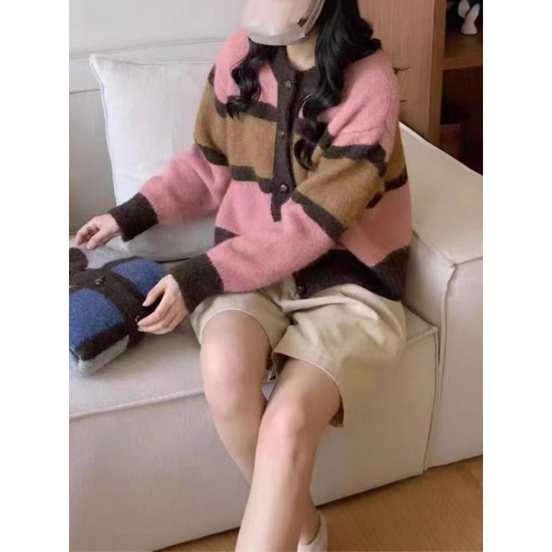 KANING韩版复古撞色条纹针织开衫2025秋冬新款减龄宽松毛衣外套女|undefined