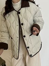 撞色小香风短款羽绒棉服女灯芯绒翻领菱格轻薄宽松棉袄外套