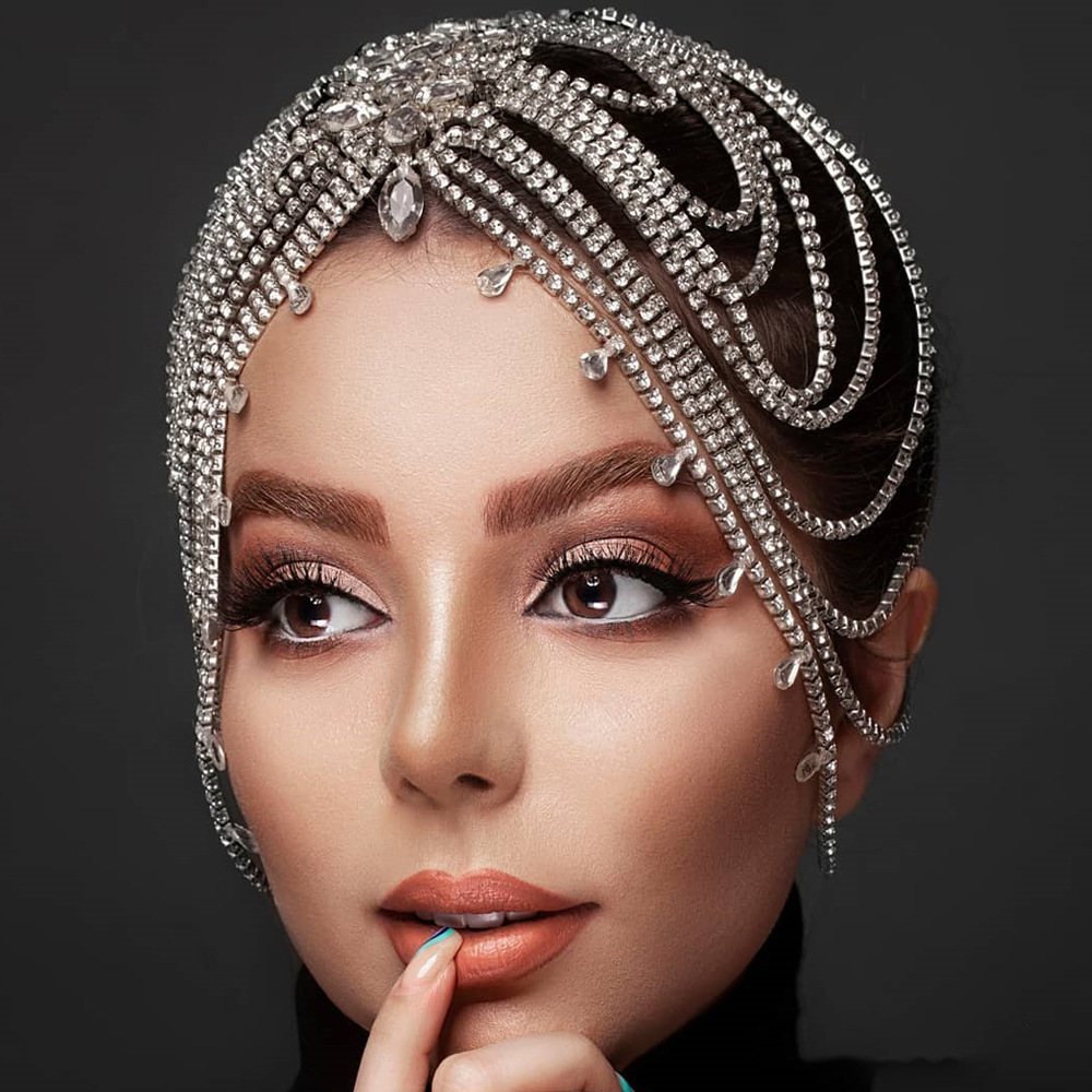 Amazon caliente multicapa cadena de cabello exagerada tocado de diamante accesorios de moda para mujeres cadena de cabello