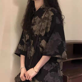 欧美时尚潮牌花卉百搭短袖衬衫男女港风痞帅宽松夏威夷花外穿衬衣