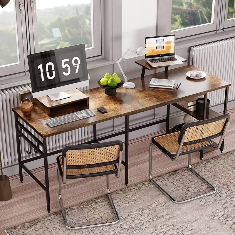 Cross-Border Modern Casual Metal Frame L Shaped Desk Corner Computer Desk with 2 Monitor Stands