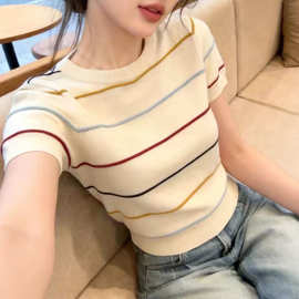 韩系甜美学院风杏色圆领条纹短袖针织衫女春夏季穿搭内搭打底上衣