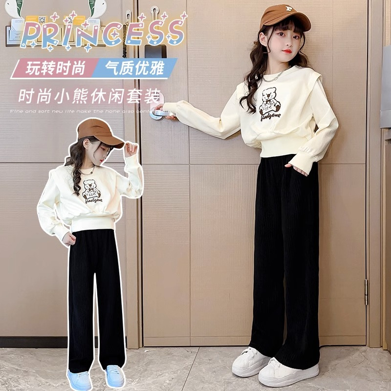 Traje para Niñas Ropa de primavera 2023 nuevo estilo occidental de moda Pantalones anchos casuales para niños Internet celebridad medio y grande traje de dos piezas para niños moda