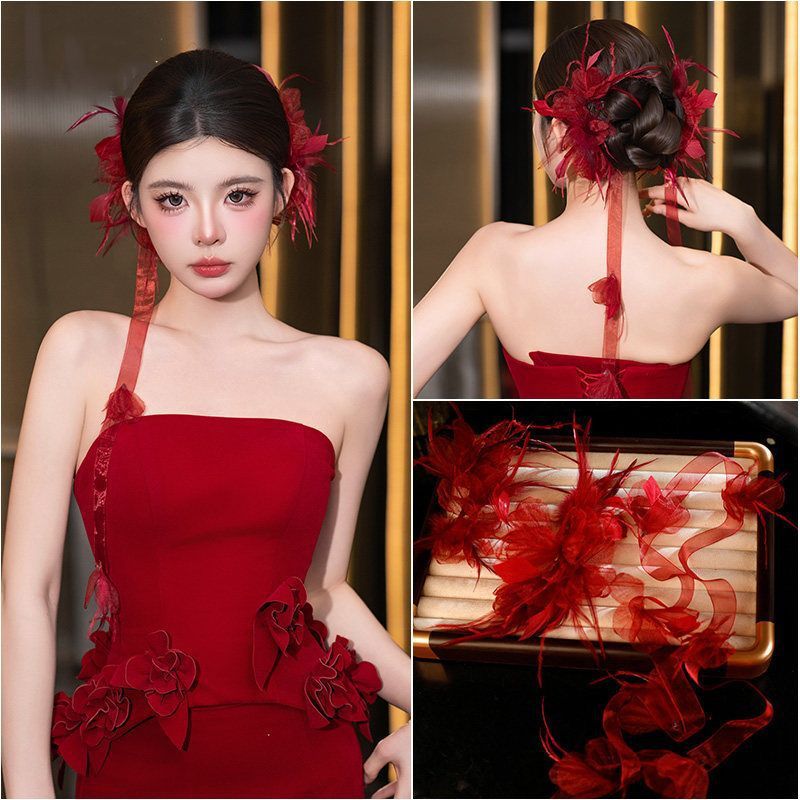 2026 Bridal Headpiece, Popular Traditional Chinese Style, New Chinese Red Artificial Flower Long Hair Clip, Wedding Toast Dress Hair Accessory