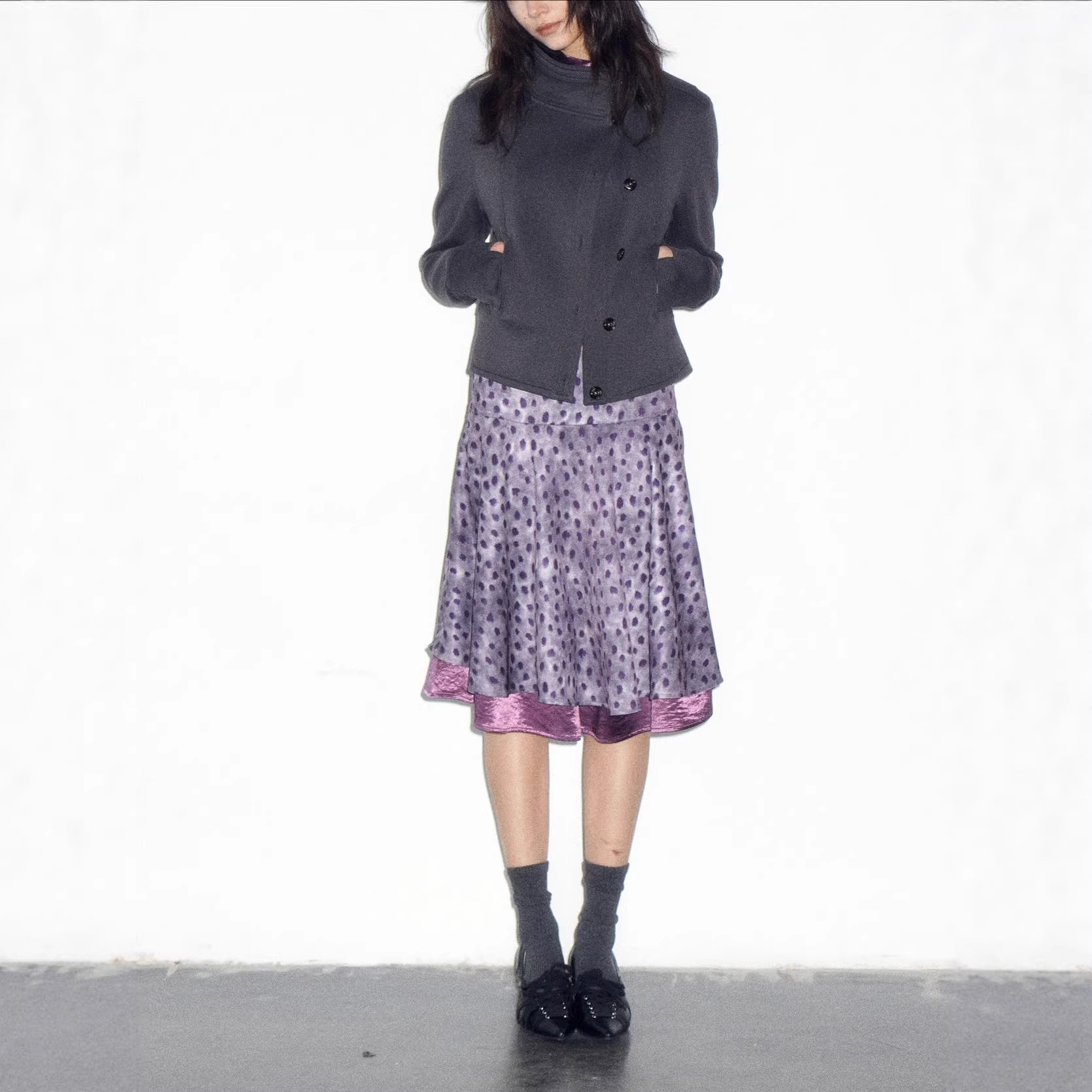 Short Wa 2026 Spring New Arrival Double Layer Satin Patchwork Retro Blurred Polka Dot Midi Skirt