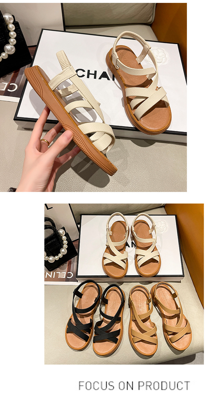 Sandali per il commercio estero da donna 2023 Summer New Roman Fashion Cross Strap cinturino elastico fondo piatto sandali da donna con fondo morbido_voghion.com