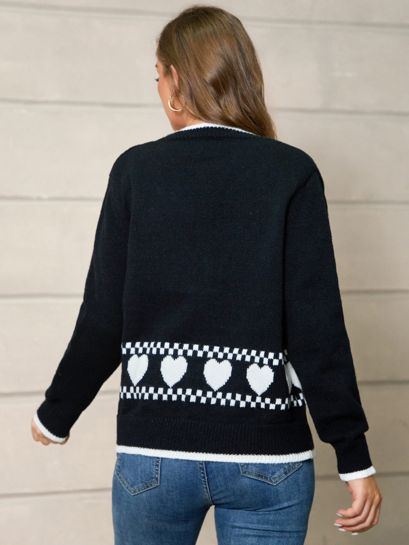 Suéter de mujer de comercio exterior transfronterizo europeo y americano moda borde blanco amor temperamento jacquard cárdigan con cuello en V chaqueta de punto casual