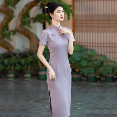 紫色國風中式改良旗袍2024新款年輕款女復古修身短袖氣質平時可穿