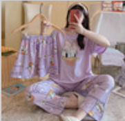 Pajamas for Women, Korean Style, Cute Home Clothes, Casual Thin Style, Spring and Summer Short-Sleeved, Long Pants, Shorts, Three-Piece Set, Soft Touch