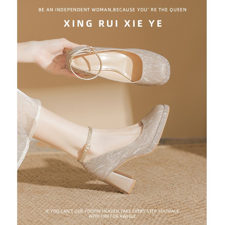 仙女风一字扣防水台细闪春季新款高跟鞋玛丽珍高级感方头粗跟鞋女