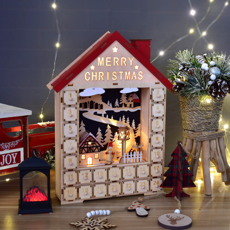 Decoraciones de Navidad hechas a mano de madera luminosa casa DIY caja de calendario creativo decoración de escritorio ventanas de diseño props image 3