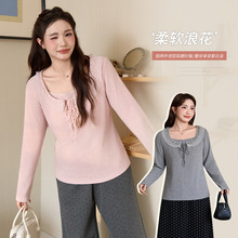 韩系假两件拼接绑带正肩T恤冬新款胖mm大码女装修身显瘦上衣65525