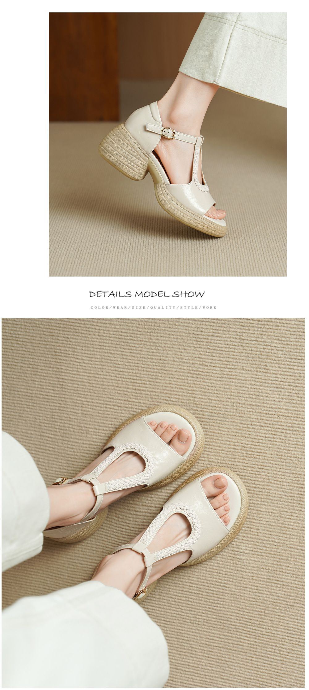 Sandal cao gót nữ mũi cá hở ngón, đế dày da cừu, gót 9 cm — màu trắng ngà chi tiết 7