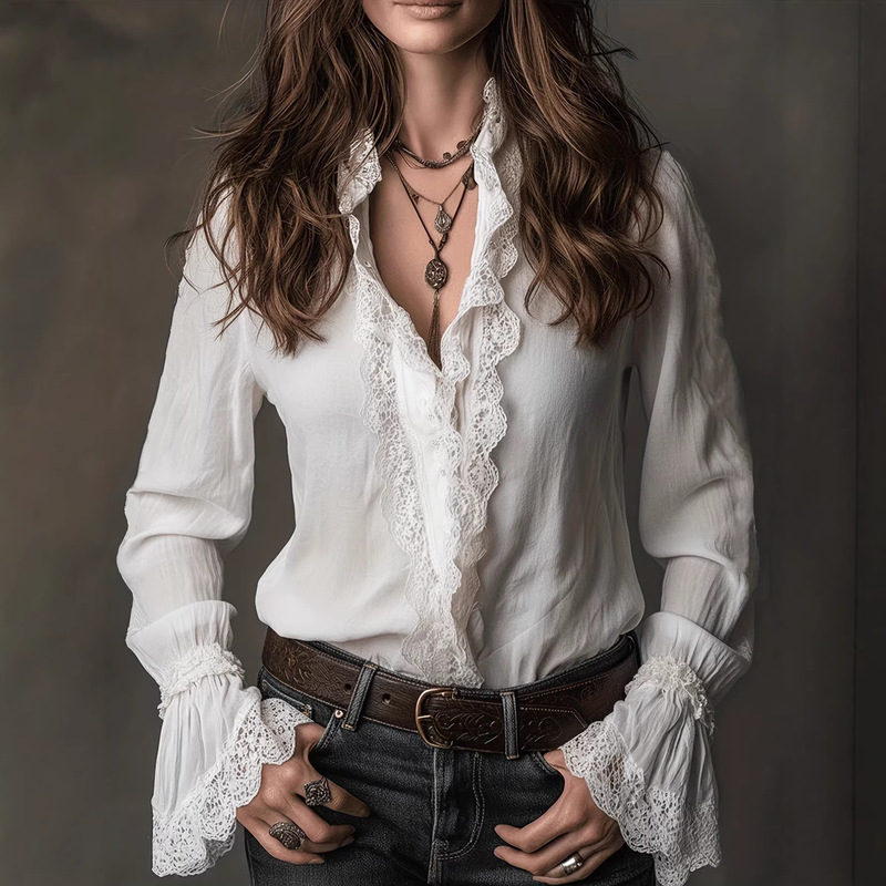 European and American Style Lace Shirt for Women, Designed with a Sense of Fashion, Spring/Summer 2025 New Model, Patchwork Thin Blouse, Long-Sleeve Elegant Top European and American Style Lace Shirt for Women, Designed with a Sense of Fashion, Spring/Summer 2025 New Model, Patchwork Thin Blouse, Long-Sleeve Elegant Top