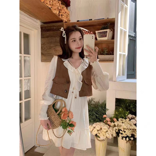 Vintage Hong Kong Style Casual Set Women's Layered Vest Top and Loose Long Sleeve Dress Two-Piece Set for Autumn