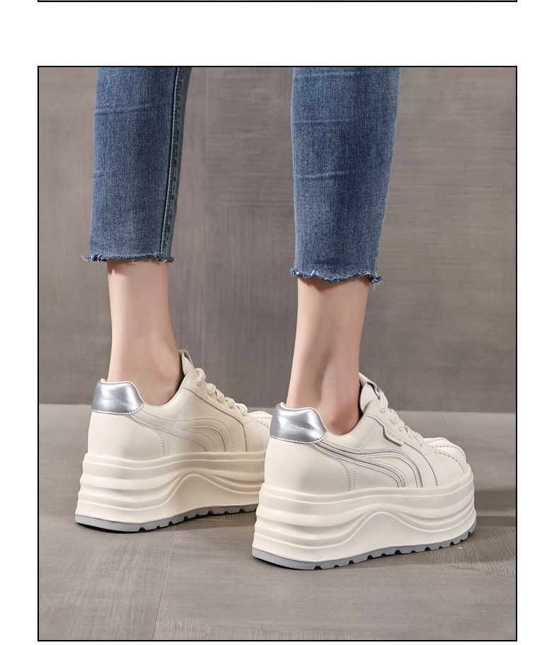 Giày sneaker nữ đế dày tăng chiều cao phong cách basic trắng — Bạc trắng chi tiết 13