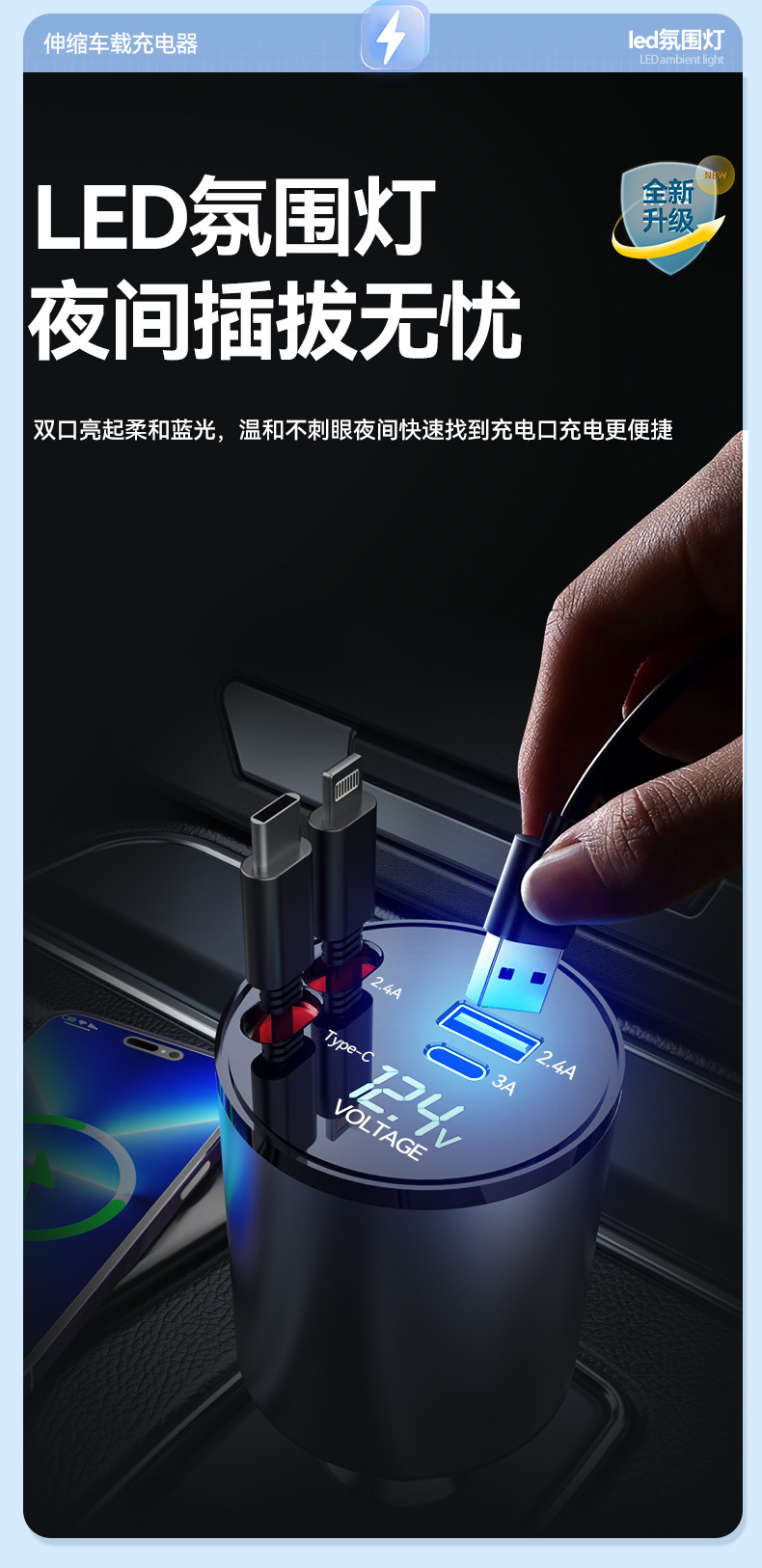 Car Charger 100W Super Fast Charging Dual-Line Flash Charging Retractable Car Charger Factory Wholesale