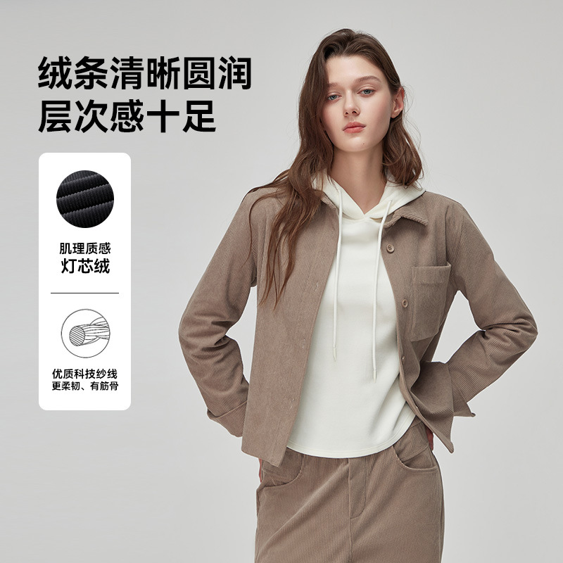新款时尚美拉德灯芯绒外套女士复古翻领短外套秋冬宽松显瘦上衣