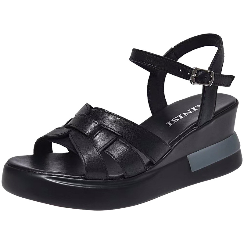 Sandal nữ đế xuồng da thật phong cách La Mã đế dày mềm — Màu đen