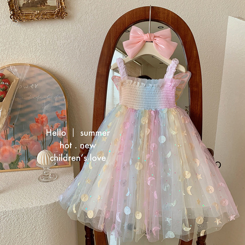 Girls Dress 2024 Summer New Children's Dream Elf Butterfly Rainbow Skirt Baby Suspender Princess Dress
