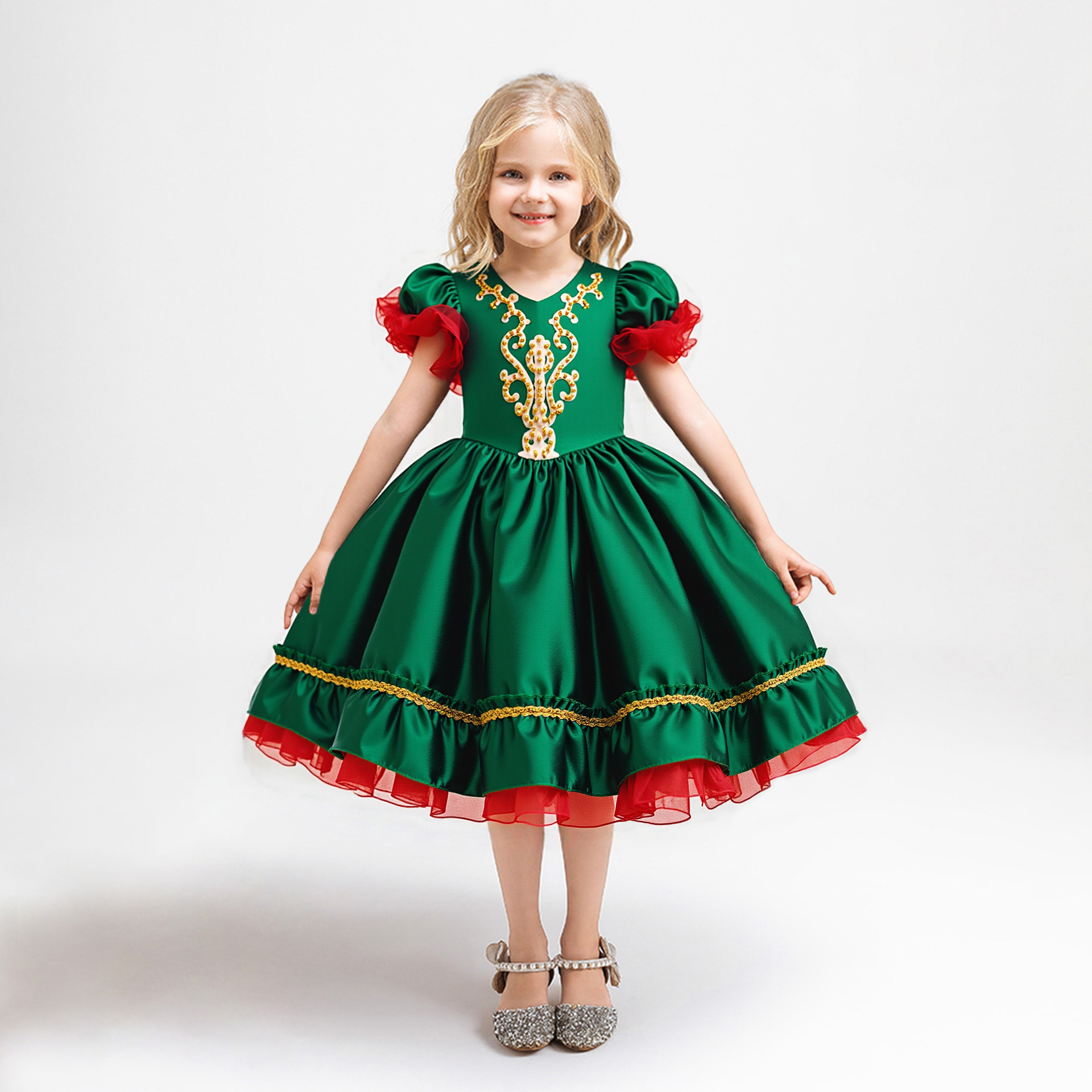 Amazon vestido de Navidad de sequillas rojo y verde COS Santa Claus Snowflake vestido de princesa de malla de niña
