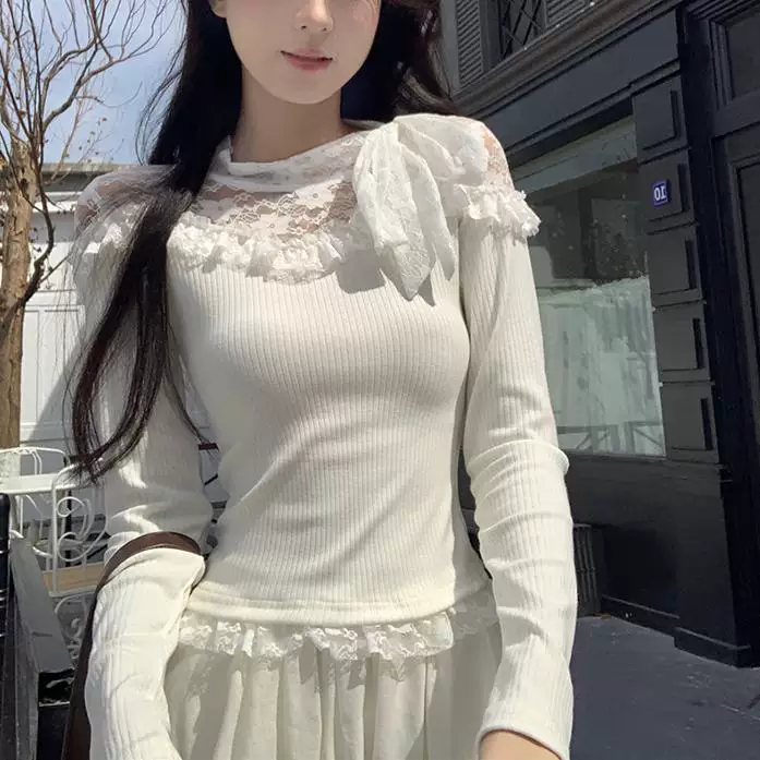 Spring lace long-sleeve, knitted sweater, Korean style