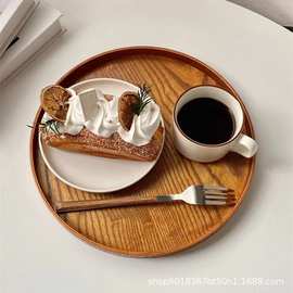 复古木制甜品点心盘家用实木客厅坚果零食盘圆形咖啡厅茶水托盘