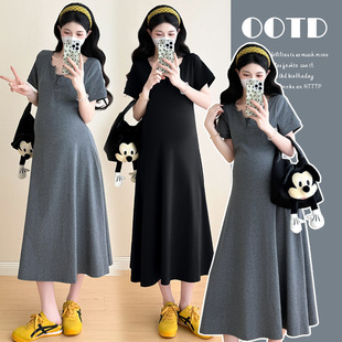 Maternity Wear 2025 Summer New Style French V Neck Simple Slimming Look Fake Two-Piece Knitted Long Skirt Maternity Dress