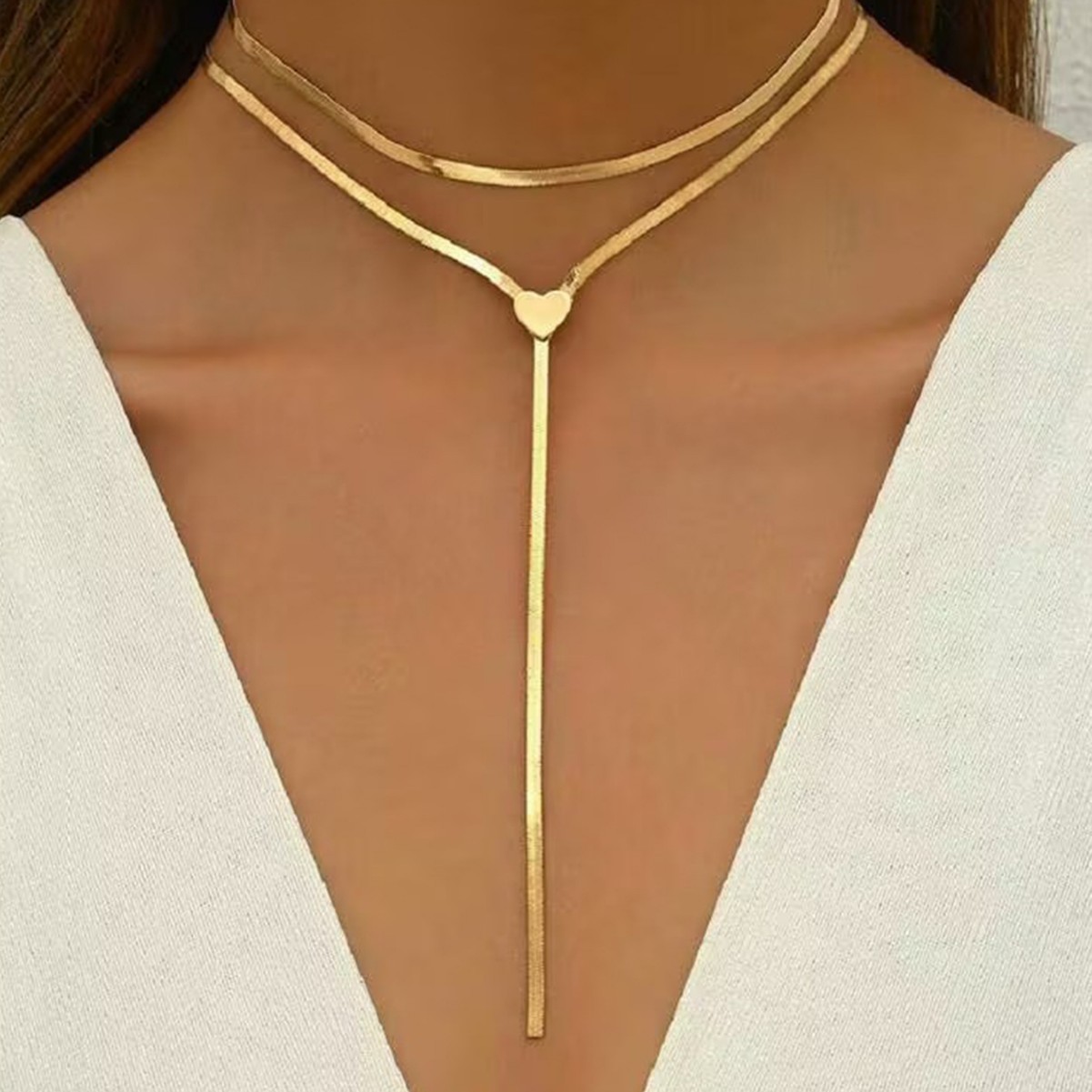European and American Cross-Border Jewelry, Cool Style Long V-Shaped Tassel Necklace, Niche Stacked Double-Layer Snake Bone Chain Necklace for Women