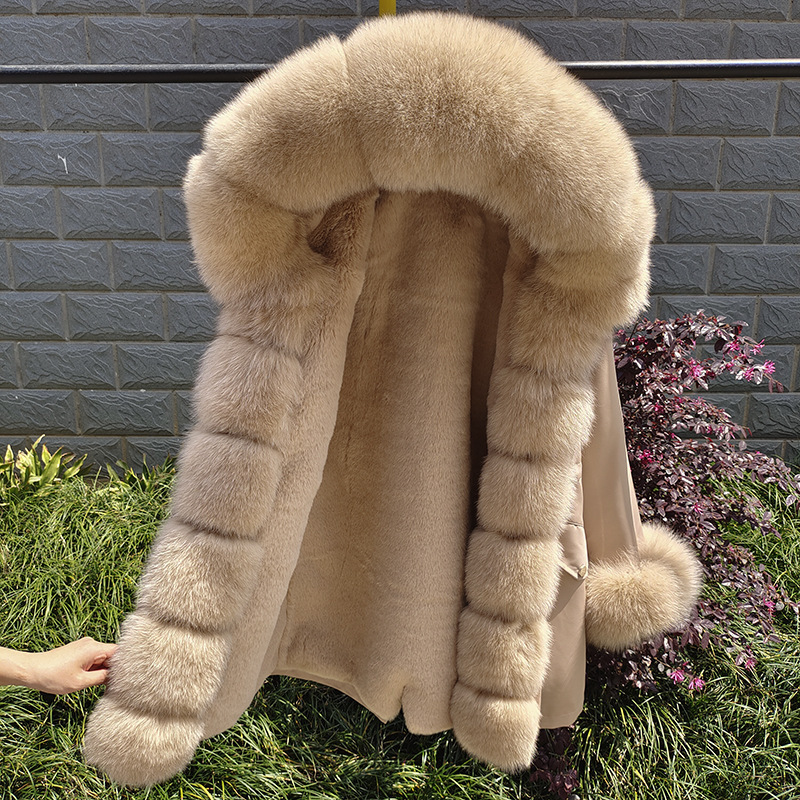 Parker Women's 2023 New Winter Mid-length Fox Fur Jacket Detachable Fur Collar Placket Cuff Hair