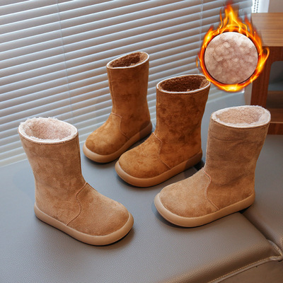 Корейский стиль, двойная одежда для девочек, бархатные ботинки Birkenstock, зимняя мода 2025, универсальные утолщенные ботинки до середины икры для девочек, теплые зимние сапоги