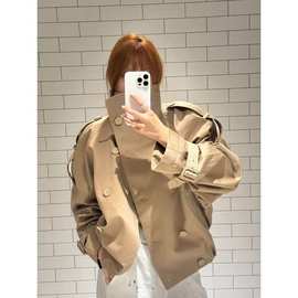 斜立领双排扣下摆收褶美拉德高级感短款风衣女2025秋季新款夹克潮