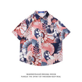 悟空有货夏季复古中国风印花短袖衬衫男潮牌宽松休闲夏威夷花衬衣