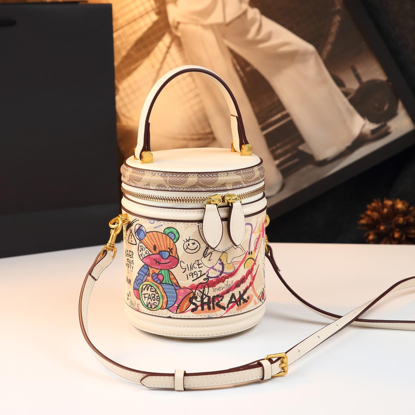 Túi bucket nữ hình trụ họa tiết gấu vẽ tay, đeo chéo kiểu mới — màu trắng ngà, Cà phê Brown, màu sắc