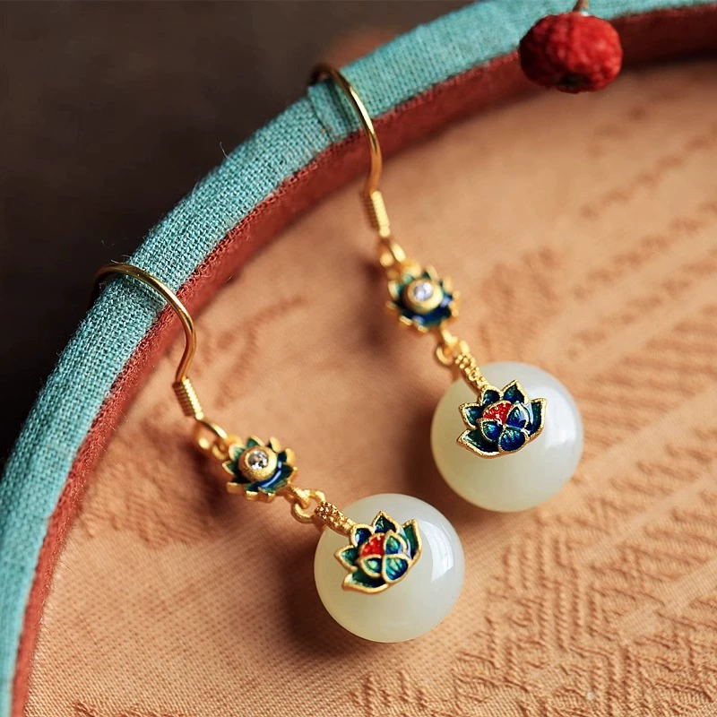 Лотосовая пуговица и нефритовая глазурь в стиле ретро национальный стиль личности модная женская серьга серьги серьги серьги