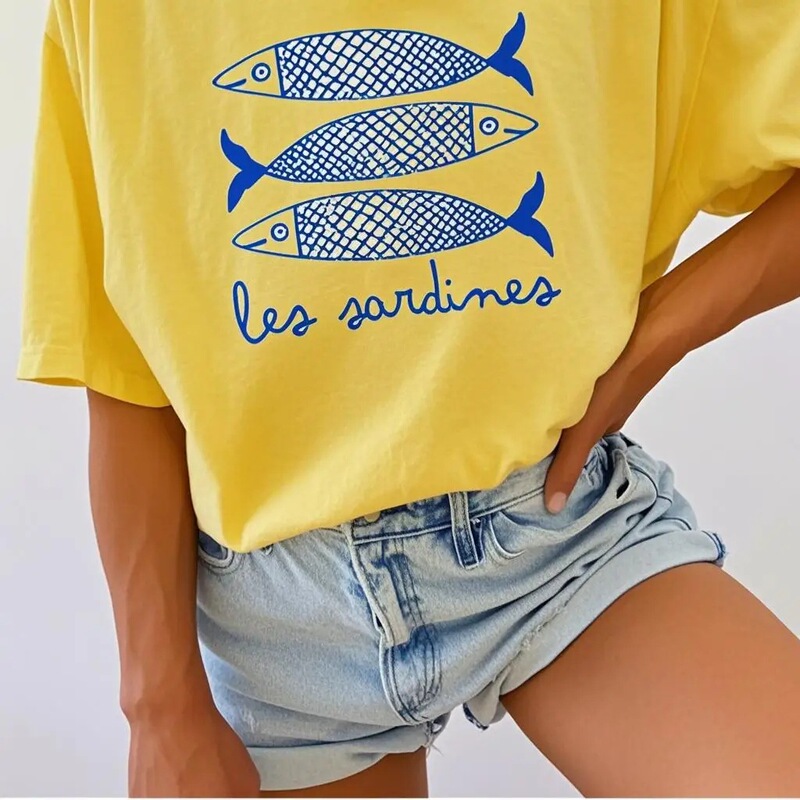 INAWLY イワシプリント レディース Tシャツ 缶詰魚 カジュアルシャツ|undefined