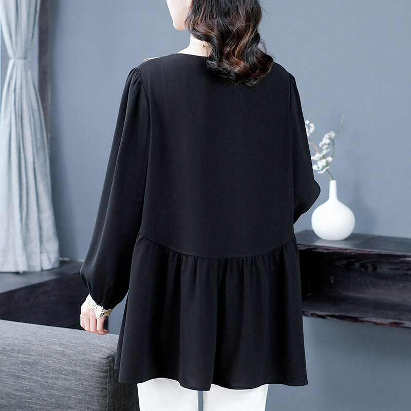 Spring New Korean style age-reducing slimming loose plus size lace edge long sleeve doll all-match shirt middle-aged and elderly women's clothing