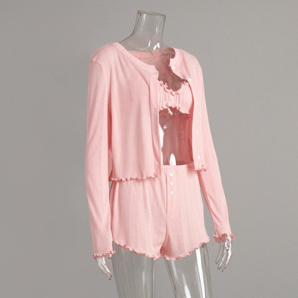 Bộ đồ ngủ nữ 3 món dệt kim gồm áo cardigan dài tay, áo lót và quần short — In hoa, Màu hồng, Màu trắng, Màu xanh dương chi tiết 5