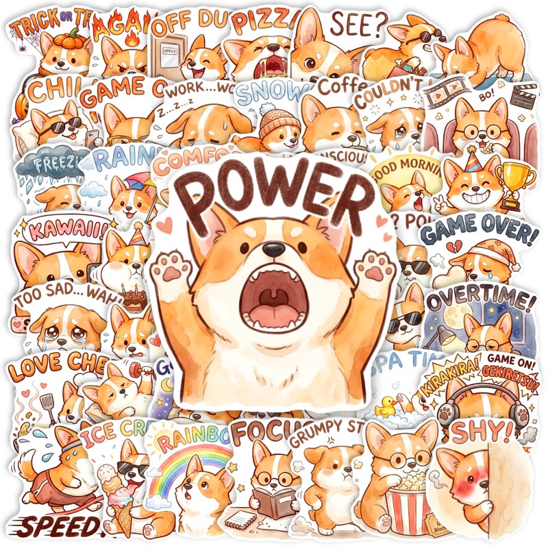 Cross-Border New Style 50-Piece Set of Soft and Cute Corgi Daily Stickers, Creative and Quirky Healing Corgi Expression Pack Waterproof Stickers