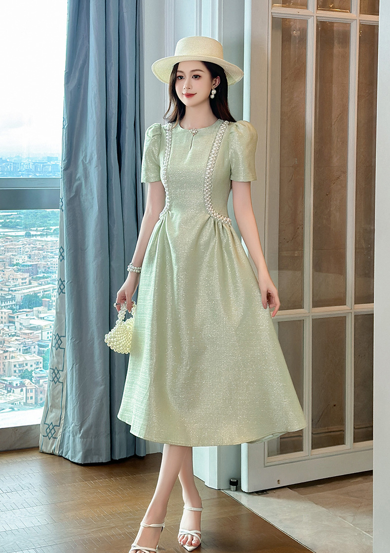 Đầm maxi nữ cổ tròn đính đá thắt eo xòe dáng dài — Xanh bạc hà chi tiết 7