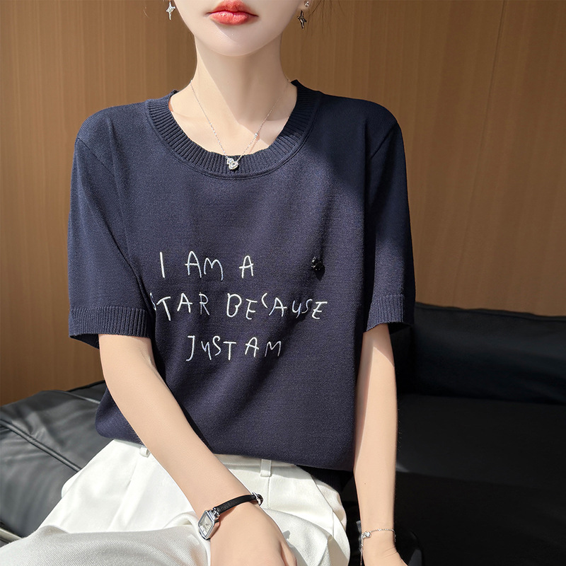 Spring summer silk knitted sweater with a round collar