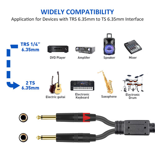 Gold-plated 6.35 male to public stereo to two 6.5 mono amplifier electric guitar one-to-two audio adapter cable